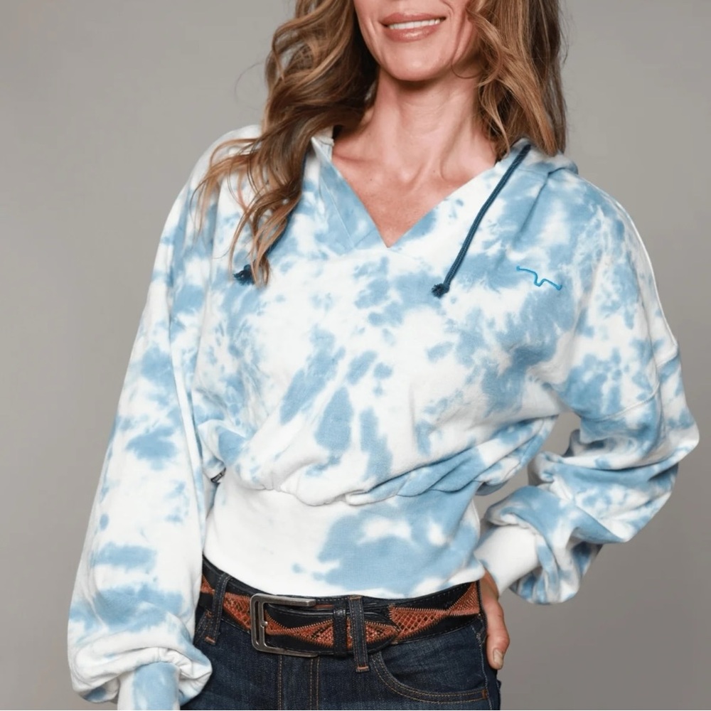 NWT KIMES RANCH Monterey Cropped Hoodie in Tie-Dye Blue - Size XXL